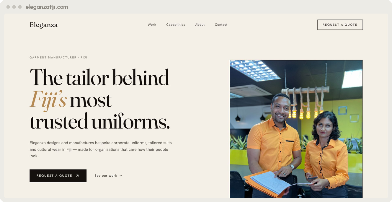 Eleganza Fiji bespoke uniform brand website built by SpiderWebs Fiji