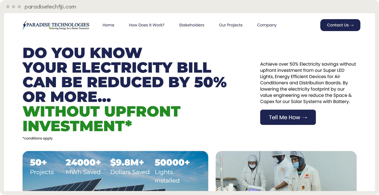 Paradise Technologies Fiji solar and energy solutions website built by SpiderWebs Fiji
